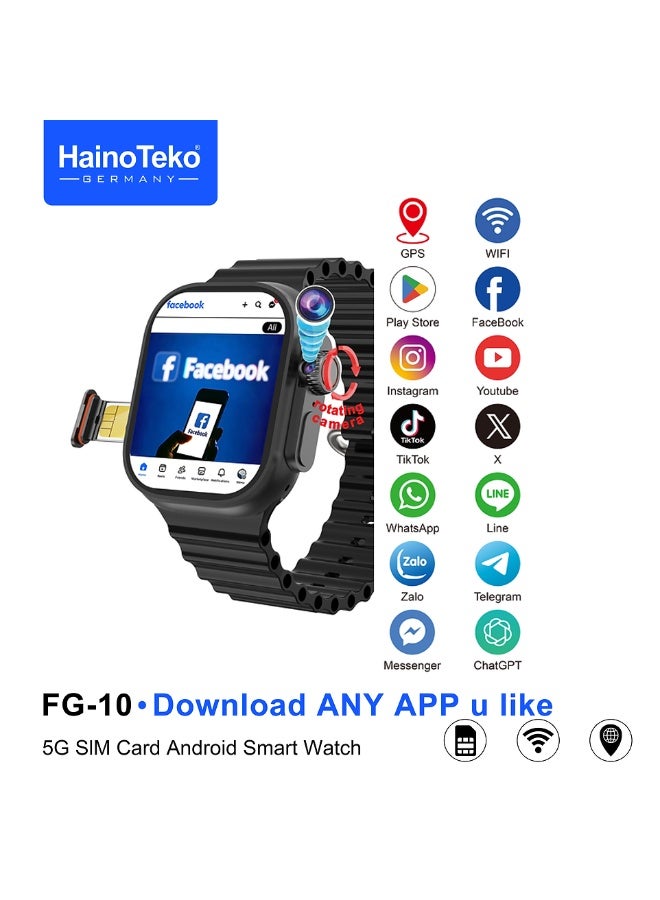 هينو تيكو ساعة هاينو تيكو FG-10 الذكية بنظام أندرويد 5G، مزودة بفتحة لبطاقة SIM وكاميرا دوارة ودعم متجر جوجل بلاي، مصممة للرجال والنساء، باللون الأسود. - Image 1